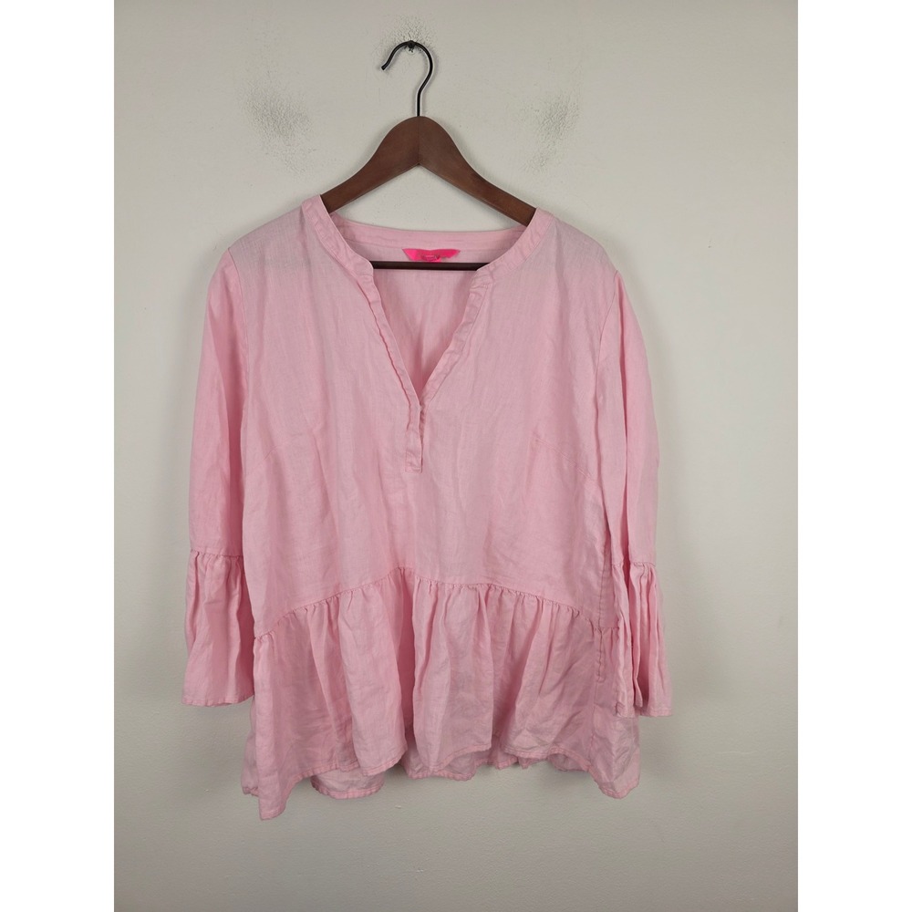 Lilly Pulitzer Bekah Pink 100% Linen Peplum Ruffle Sleeve Tunic Top XL 013173